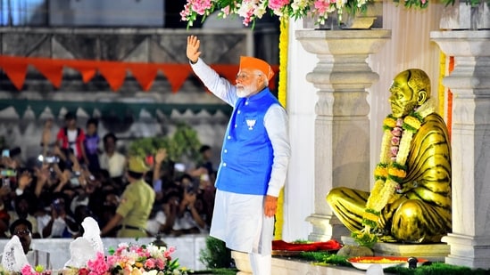 Prime Minister Narendra Modi in Mangaluru on Sunday for an election campaign. (PTI)