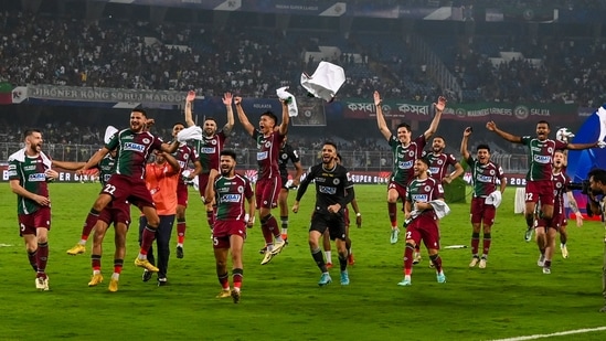 Mohun Bagan Super Giant players celebrate after beating Mumbai City FC (PTI)