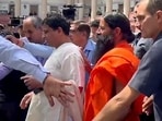 Yoga guru Ramdev and Patanjali Ayurved Ltd managing director Acharya Balkrishna appear before the Supreme Court in the misleading advertisement case filed against the company in New Delhi. 