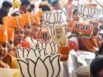 BJP supporters during a public meeting for the 2024 Lok Sabha polls, in Uttar Pradesh on Friday. (PTI PHOTO)