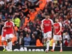Arsenal's English midfielder #41 Declan Rice (2R) and teammates react to going two goals behind during the English Premier League football match vs Aston Villa. Arsenal's English midfielder #41 Declan Rice (2R) and teammates react to going two goals behind during the English Premier League football match vs Aston Villa.