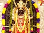 Vastra of Ram Lalla on the first day of Navratri with Mayur and other Vaishnava symbols crafted using colorful resham and zari.