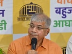 Mumbai, India - March 29, 2024:Prakash Ambedkar of VBA addressing bto media during press conference at Ambedkar Bhavan in Mumbai, India, on Friday, March 29, 2024. (Photo by Anshuman Poyrekar/ Hindustan Times) (Hindustan Times) Mumbai, India - March 29, 2024:Prakash Ambedkar of VBA addressing bto media during press conference at Ambedkar Bhavan in Mumbai, India, on Friday, March 29, 2024. (Photo by Anshuman Poyrekar/ Hindustan Times) (Hindustan Times)
