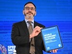 International Monetary Fund (IMF) Chief Economist Pierre-Olivier Gourinchas holds the IMF's World Economic Outlook during a press briefing at the IMF-World Bank Group spring meetings at IMF headquarters in Washington, DC on April 16, 2024. (Photo by Mandel NGAN / AFP)