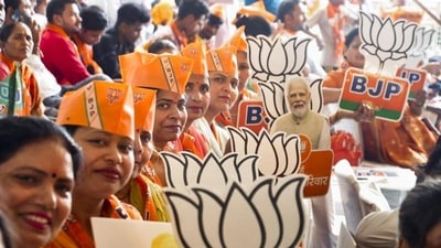 BJP supporters during a public meeting for the 2024 Lok Sabha polls, in Uttar Pradesh on Friday. (PTI PHOTO) BJP supporters during a public meeting for the 2024 Lok Sabha polls, in Uttar Pradesh on Friday. (PTI PHOTO)