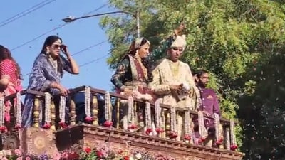 Bhavesh Bhandari and his wife took out a procession in Gujarat's Sabarkantha. Bhavesh Bhandari and his wife took out a procession in Gujarat's Sabarkantha.