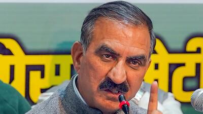 CM Sukhvinder Singh Sukhu addressing media at Congress’ state head office in Shimla. (PTI)