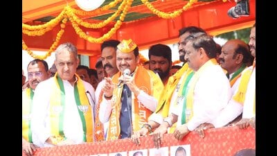 Fadnavis was addressing a rally in Solapur on Tuesday after Ranjitsinh Nimbalkar and Ram Satpute filed their nomination papers from the Madha and Solapur seats, respectively. (HT PHOTO) Fadnavis was addressing a rally in Solapur on Tuesday after Ranjitsinh Nimbalkar and Ram Satpute filed their nomination papers from the Madha and Solapur seats, respectively. (HT PHOTO)