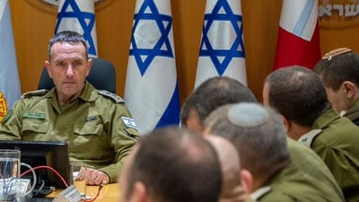 Israeli Army chief Lieutenant General Herzi Halevi (L) attends a situational assessment with members of the General Staff Forum at the Kirya military base, which houses the Defence Ministry in Tel Aviv. (AFP) Israeli Army chief Lieutenant General Herzi Halevi (L) attends a situational assessment with members of the General Staff Forum at the Kirya military base, which houses the Defence Ministry in Tel Aviv. (AFP)