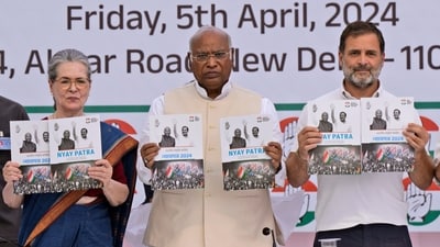 FILE- India’s opposition Congress party leaders from left, Sonia Gandhi, Mallikarjun Kharge, and Rahul Gandhi, display copies of party’s election manifesto during a press conference in New Delhi, India, April 5, 2024. India's 6-week-long general election starts on April 19 and results will be announced on June 4. (AP Photo/Manish Swarup, File) (AP) FILE- India’s opposition Congress party leaders from left, Sonia Gandhi, Mallikarjun Kharge, and Rahul Gandhi, display copies of party’s election manifesto during a press conference in New Delhi, India, April 5, 2024. India's 6-week-long general election starts on April 19 and results will be announced on June 4. (AP Photo/Manish Swarup, File) (AP)