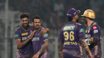 Narine struck with the ball after his heroics with the bat, dismissing Dhruv Jurel and later Rovman Powell. (AP) Narine struck with the ball after his heroics with the bat, dismissing Dhruv Jurel and later Rovman Powell. (AP)