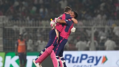 Buttler found his footing in the death overs and managed to farm strike with tail enders at the other end in the last two overs. He smashing 65 runs in the last 27 balls he faced and led RR to victory in the improbable chase. (AP) Buttler found his footing in the death overs and managed to farm strike with tail enders at the other end in the last two overs. He smashing 65 runs in the last 27 balls he faced and led RR to victory in the improbable chase. (AP)