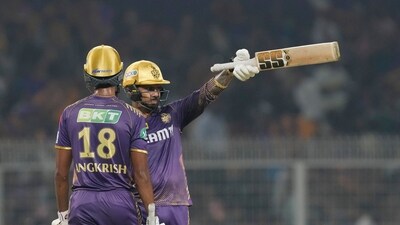 RR's much vaunted bowling attack managed to keep KKR's dangerous opening pair of Phil Salt and Sunil Narine down. Salt eventually fell in the fourth over due to a stunning catch from Avesh Khan off his own bowling. Narine then managed to make some amends in the remaining two overs and guided KKR to a score of 56/1 in the powerplay. (AP) RR's much vaunted bowling attack managed to keep KKR's dangerous opening pair of Phil Salt and Sunil Narine down. Salt eventually fell in the fourth over due to a stunning catch from Avesh Khan off his own bowling. Narine then managed to make some amends in the remaining two overs and guided KKR to a score of 56/1 in the powerplay. (AP)