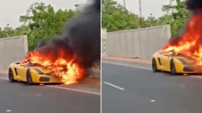 The image, from a viral video, shows a Lamborghini car on fire in Hyderabad. (Screengrab)