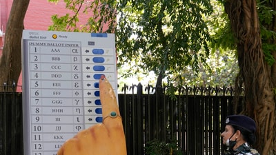 New Delhi: A model of Electronic Voting Machine (EVM) placed outside the Election Commission of India (ECI) office, in New Delhi, Tuesday, April 16, 2024. (PTI Photo/Shahbaz Khan)(PTI04_16_2024_000189A) (PTI) New Delhi: A model of Electronic Voting Machine (EVM) placed outside the Election Commission of India (ECI) office, in New Delhi, Tuesday, April 16, 2024. (PTI Photo/Shahbaz Khan)(PTI04_16_2024_000189A) (PTI)