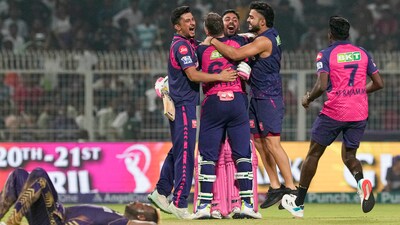 Jos Buttler and Avesh Khan celebrate with teammates after Rajasthan won the Indian Premier League (IPL) 2024 cricket match against Kolkata Knight Riders, (PTI)