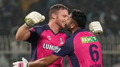 Kolkata: Rajasthan Royals batters Jos Buttler and Avesh Khan celebrate after Rajasthan won the Indian Premier League (IPL) 2024 cricket match against Kolkata Knight Riders, at Eden Gardens in Kolkata, Tuesday, April 16, 2024. (PTI Photo/Swapan Mahapatra)(PTI04_16_2024_000368A) (PTI) Kolkata: Rajasthan Royals batters Jos Buttler and Avesh Khan celebrate after Rajasthan won the Indian Premier League (IPL) 2024 cricket match against Kolkata Knight Riders, at Eden Gardens in Kolkata, Tuesday, April 16, 2024. (PTI Photo/Swapan Mahapatra)(PTI04_16_2024_000368A) (PTI)