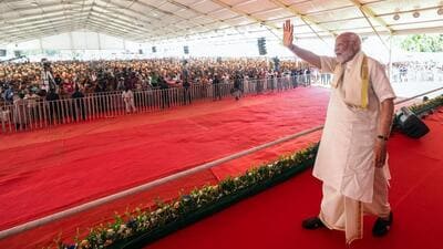 Prime Minister Narendra Modi greets his supporters during a public meeting in Palakkad, Kerala on Monday. (BJP Photo) Prime Minister Narendra Modi greets his supporters during a public meeting in Palakkad, Kerala on Monday. (BJP Photo)