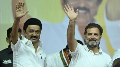 Rahul Gandhi (right) with Tamil Nadu chief minister MK Stalin in Coimbatore. (AFP Photo) Rahul Gandhi (right) with Tamil Nadu chief minister MK Stalin in Coimbatore. (AFP Photo)