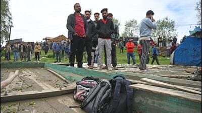 Students’ bag fished out of Jhelum in Gandbal, Jammu and Kashmir. (Waseem Andrabi /HT) Students’ bag fished out of Jhelum in Gandbal, Jammu and Kashmir. (Waseem Andrabi /HT)