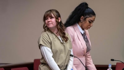 TOPSHOT - Hannah Gutierrez-Reed (L), the former armorer at the movie Rust, attends her sentencing hearing at the First Judicial District Courthouse in Santa Fe, New Mexico, April 15, 2024. The armorer who loaded the gun that killed a cinematographer on the set of the Alec Baldwin movie "Rust" was convicted March 6, 2024 of involuntary manslaughter. A jury in New Mexico took just over two hours to find Hannah Gutierrez guilty over the death of Halyna Hutchins in October 2021 during filming of the budget Western. (Photo by Eddie Moore / Journal / POOL / AFP) (AFP) TOPSHOT - Hannah Gutierrez-Reed (L), the former armorer at the movie Rust, attends her sentencing hearing at the First Judicial District Courthouse in Santa Fe, New Mexico, April 15, 2024. The armorer who loaded the gun that killed a cinematographer on the set of the Alec Baldwin movie "Rust" was convicted March 6, 2024 of involuntary manslaughter. A jury in New Mexico took just over two hours to find Hannah Gutierrez guilty over the death of Halyna Hutchins in October 2021 during filming of the budget Western. (Photo by Eddie Moore / Journal / POOL / AFP) (AFP)