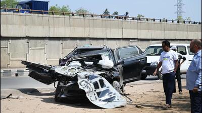 The car flipped multiple times before coming to a halt, eyewitnesses said. (Parveen Kumar/HT Photo) The car flipped multiple times before coming to a halt, eyewitnesses said. (Parveen Kumar/HT Photo)