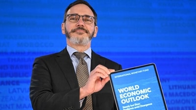 International Monetary Fund (IMF) Chief Economist Pierre-Olivier Gourinchas holds the IMF's World Economic Outlook during a press briefing at the IMF-World Bank Group spring meetings at IMF headquarters in Washington, DC on April 16, 2024. (Photo by Mandel NGAN / AFP) (AFP) International Monetary Fund (IMF) Chief Economist Pierre-Olivier Gourinchas holds the IMF's World Economic Outlook during a press briefing at the IMF-World Bank Group spring meetings at IMF headquarters in Washington, DC on April 16, 2024. (Photo by Mandel NGAN / AFP) (AFP)