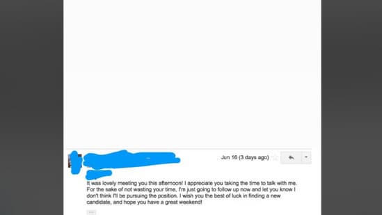 The image shows a part of an email sent by a candidate after attending an interview at a company. (Reddit/@Primary_Reality9717)