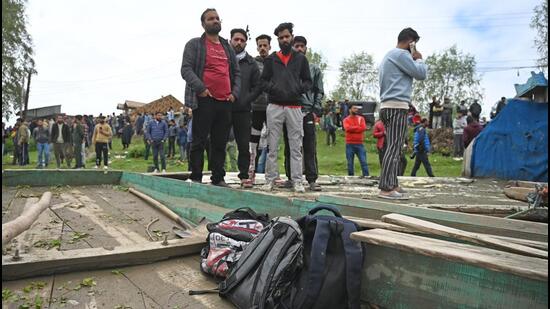 Students’ bag fished out of Jhelum in Gandbal, Jammu and Kashmir. (Waseem Andrabi /HT)