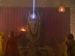 The forehead of Ram Lalla's idol is anointed with a ray of sunlight, known as 'Surya Tilak', on the occasion of Ram Navami, at Ram Janmabhoomi Temple, in Ayodhya on Wednesday. The Surya Tilak was done through an elaborate system connected with mirrors and lenses in the temple. The forehead of Ram Lalla's idol is anointed with a ray of sunlight, known as 'Surya Tilak', on the occasion of Ram Navami, at Ram Janmabhoomi Temple, in Ayodhya on Wednesday. The Surya Tilak was done through an elaborate system connected with mirrors and lenses in the temple.