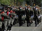 Iranian army members march during Army Day parade at a military base in northern Tehran,