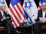 President Joe Biden (left) and Israeli Prime Minister Benjamin Netanyahu participate in an expanded bilateral meeting with Israeli and US government officials, in Tel Aviv, on Wednesday. (AP)
