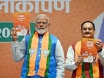 Prime Minister Narendra Modi during the launch of the BJP's ‘Sankalp Patra’ for the Lok Sabha elections, in New Delhi on Sunday. (Ajay Aggarwal/ HT Photo)