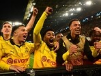 Dortmund's players celebrate scoring their forth goal 4:2 during the UEFA Champions League quarter-final second leg football match between vs Atletico Madrid