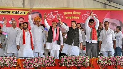 Samajwadi Party (SP) President Akhilesh Yadav with AAP leader Sanjay Singh and other party leaders during a public meeting, in support of SP candidate Manoj Kumar, in Nagina, Uttar Pradesh. (PTI) Samajwadi Party (SP) President Akhilesh Yadav with AAP leader Sanjay Singh and other party leaders during a public meeting, in support of SP candidate Manoj Kumar, in Nagina, Uttar Pradesh. (PTI)