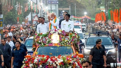 Coimbatore, Mar 18 (ANI): Prime Minister Narendra Modi holds a roadshow in Coimbatore on Monday. Tamil Nadu BJP chief K. Annamalai and Union Minister L. Murugan are seen. (ANI Photo) (Narendra Modi Twitter) Coimbatore, Mar 18 (ANI): Prime Minister Narendra Modi holds a roadshow in Coimbatore on Monday. Tamil Nadu BJP chief K. Annamalai and Union Minister L. Murugan are seen. (ANI Photo) (Narendra Modi Twitter)