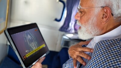 Prime Minister Narendra Modi watches the Surya Tilak of Lord Ram Lalla at Ayodhya's Ram Janmabhoomi Temple on the occasion of Ram Navami. (BJP media) Prime Minister Narendra Modi watches the Surya Tilak of Lord Ram Lalla at Ayodhya's Ram Janmabhoomi Temple on the occasion of Ram Navami. (BJP media)