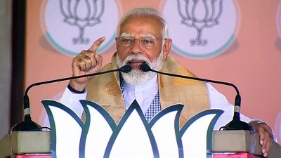 PM Narendra Modi addresses a public meeting in support of Asom Gana Parishad (AGP) candidate Phani Bhusan Choudhury for the upcoming Lok Sabha polls, in Nalbari on Wednesday.&nbsp; (ANI)