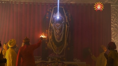 The forehead of Ram Lalla's idol is anointed with a ray of sunlight, known as 'Surya Tilak', on the occasion of Ram Navami, at Ram Janmabhoomi Temple, in Ayodhya on Wednesday. The Surya Tilak was done through an elaborate system connected with mirrors and lenses in the temple. (Ram Janmbhoomi Teerth Kshetra-X) The forehead of Ram Lalla's idol is anointed with a ray of sunlight, known as 'Surya Tilak', on the occasion of Ram Navami, at Ram Janmabhoomi Temple, in Ayodhya on Wednesday. The Surya Tilak was done through an elaborate system connected with mirrors and lenses in the temple. (Ram Janmbhoomi Teerth Kshetra-X)