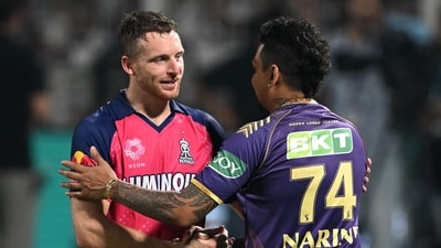 Rajasthan Royals' Jos Buttler (L) and Kolkata Knight Riders' Sunil Narine greet each other (AFP) Rajasthan Royals' Jos Buttler (L) and Kolkata Knight Riders' Sunil Narine greet each other (AFP)