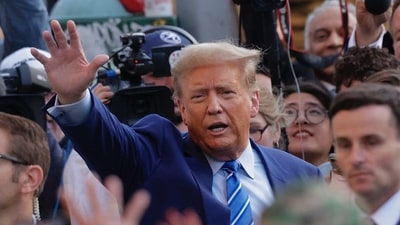Former US President Donald Trump visits a Sanaa convenient store in a Harlem neighborhood after spending his second day of his trial for allegedly covering up hush money payments linked to extramarital affairs, at the Manhattan Criminal Court in New York City on April 16, 2024. (AFP) Former US President Donald Trump visits a Sanaa convenient store in a Harlem neighborhood after spending his second day of his trial for allegedly covering up hush money payments linked to extramarital affairs, at the Manhattan Criminal Court in New York City on April 16, 2024. (AFP)