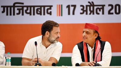 Ghaziabad, Uttar Pradeshh, India - April 17, 2024: Congress Leader Rahul Gandhi and Samajwadi Party Chief Akhilesh Yadav addressing a joint press conference of INDIA parties at Kaushambi (Ghaziabad), in Uttar Pradesh, India, on Wednesday, April 17, 2024. (Photo by Ajay Aggarwal/ Hindustan Times) (Hindustan Times) Ghaziabad, Uttar Pradeshh, India - April 17, 2024: Congress Leader Rahul Gandhi and Samajwadi Party Chief Akhilesh Yadav addressing a joint press conference of INDIA parties at Kaushambi (Ghaziabad), in Uttar Pradesh, India, on Wednesday, April 17, 2024. (Photo by Ajay Aggarwal/ Hindustan Times) (Hindustan Times)
