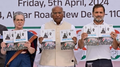 FILE- India’s opposition Congress party leaders from left, Sonia Gandhi, Mallikarjun Kharge, and Rahul Gandhi, display copies of party’s election manifesto during a press conference in New Delhi, India, April 5, 2024. India's 6-week-long general election starts on April 19 and results will be announced on June 4. (AP Photo/Manish Swarup, File) (AP) FILE- India’s opposition Congress party leaders from left, Sonia Gandhi, Mallikarjun Kharge, and Rahul Gandhi, display copies of party’s election manifesto during a press conference in New Delhi, India, April 5, 2024. India's 6-week-long general election starts on April 19 and results will be announced on June 4. (AP Photo/Manish Swarup, File) (AP)