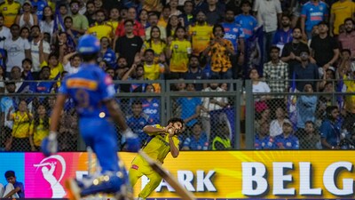 Shardul Thakur takes the catch of Mumbai Indians batter Tilak Varma during the Indian Premier League (IPL) cricket match between Chennai Super Kings and Mumbai Indians (PTI) Shardul Thakur takes the catch of Mumbai Indians batter Tilak Varma during the Indian Premier League (IPL) cricket match between Chennai Super Kings and Mumbai Indians (PTI)