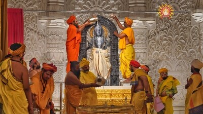 Ram Janmabhoomi for the second time is witnessing a grand celebration amid the auspicious occasion of Ram Navami. A large number of devotees thronged Ram Mandir on Wednesday morning in a vibrant display of faith and celebration. (PTI) Ram Janmabhoomi for the second time is witnessing a grand celebration amid the auspicious occasion of Ram Navami. A large number of devotees thronged Ram Mandir on Wednesday morning in a vibrant display of faith and celebration. (PTI)