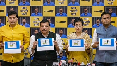 AAP leaders Sanjay Singh, Saurabh Bharadwaj, Atishi Singh and Jasmine Shah launch a website for the party's campaign ahead of Lok Sabha elections, in New Delhi, Wednesday, April 17, 2024. (PTI) AAP leaders Sanjay Singh, Saurabh Bharadwaj, Atishi Singh and Jasmine Shah launch a website for the party's campaign ahead of Lok Sabha elections, in New Delhi, Wednesday, April 17, 2024. (PTI)