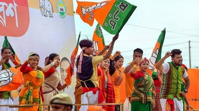 Artists perform during a public meeting addressed by PM Narendra Modi, ahead of Lok Sabha elections, in Nalbari district, Assam. (PTI)
