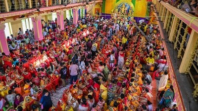 Girls being worshipped during 'Kumari Puja' on the occasion of 'Ram Navami' festival, at the Dakshineswar Ramkrishna Sangha Adyapeath, in Kolkata. (PTI) Girls being worshipped during 'Kumari Puja' on the occasion of 'Ram Navami' festival, at the Dakshineswar Ramkrishna Sangha Adyapeath, in Kolkata. (PTI)