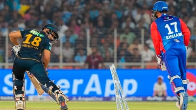 Gujarat Titans batter Abhinav Manohar got stumped out by Delhi Capitals wicket-keeper Rishabh Pant. (PTI) Gujarat Titans batter Abhinav Manohar got stumped out by Delhi Capitals wicket-keeper Rishabh Pant. (PTI)