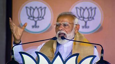 Prime Minister Narendra Modi addresses a public meeting ahead of the Lok Sabha elections in Assam’s Nalbari district on Wednesday. (PTI) Prime Minister Narendra Modi addresses a public meeting ahead of the Lok Sabha elections in Assam’s Nalbari district on Wednesday. (PTI)